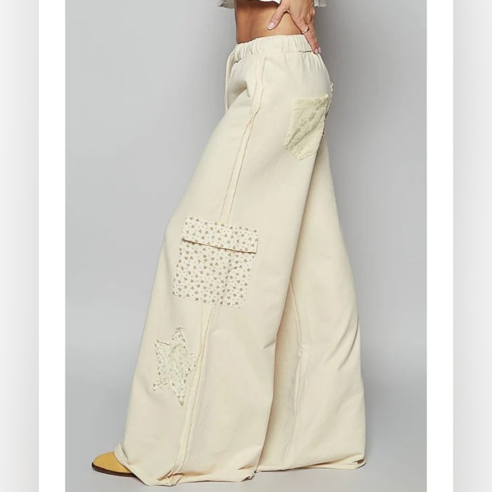 POL Cream Wide Leg Pants with Star Patch